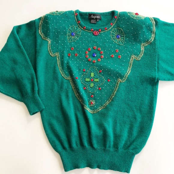 Vintage Angenie 80s Green Embellished Bling Sweater Gems Beads Shoulder Pads - L - Picture 1 of 12